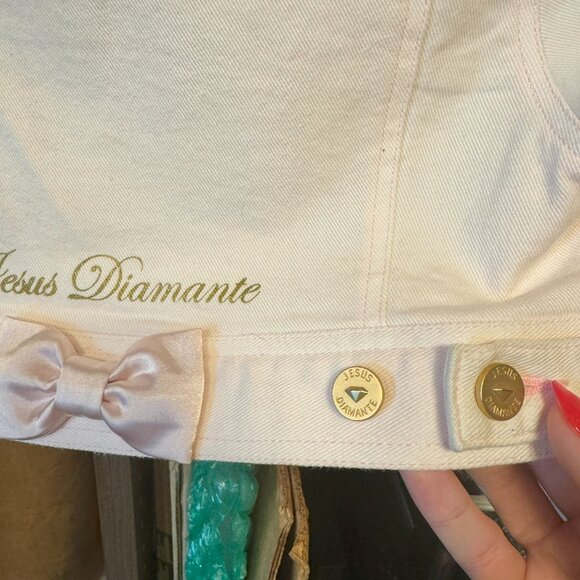 ♡ JESUS DIAMANTE Crop White/Rose Pink Denim Jacket ♡ - Picture 6 of 6